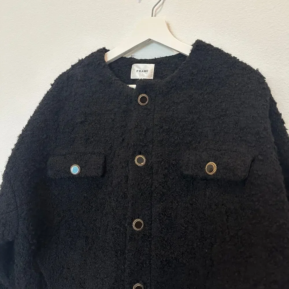 Frame Cocoon virgin wool blend boucle black button jacket medium
